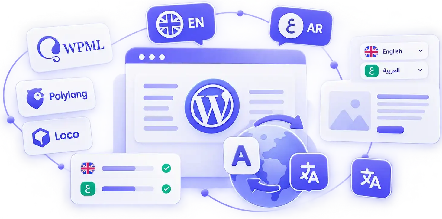 Arabic RTL WordPress localization illustration showing bilingual English and Arabic website design