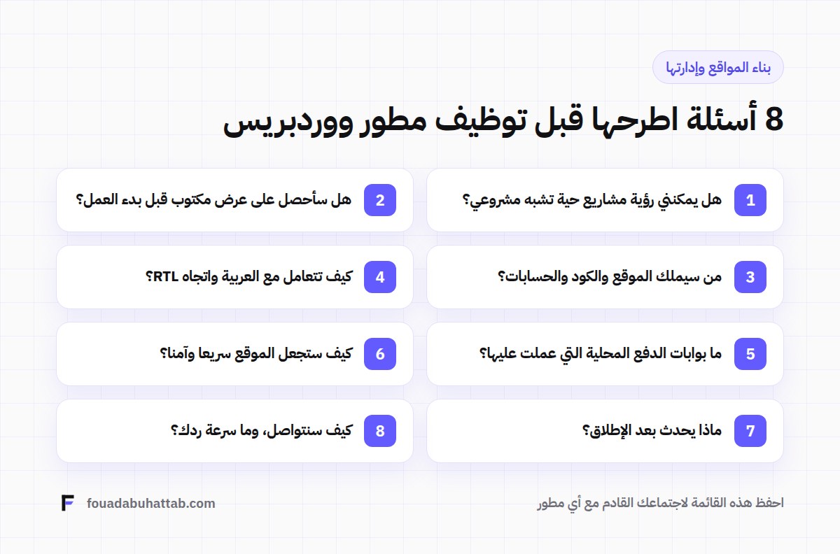 كيف توظف مطور ووردبريس في السعودية؟ 8 أسئلة اطرحها قبل التوقيع 1 قائمة 8 أسئلة قبل توظيف مطور ووردبريس