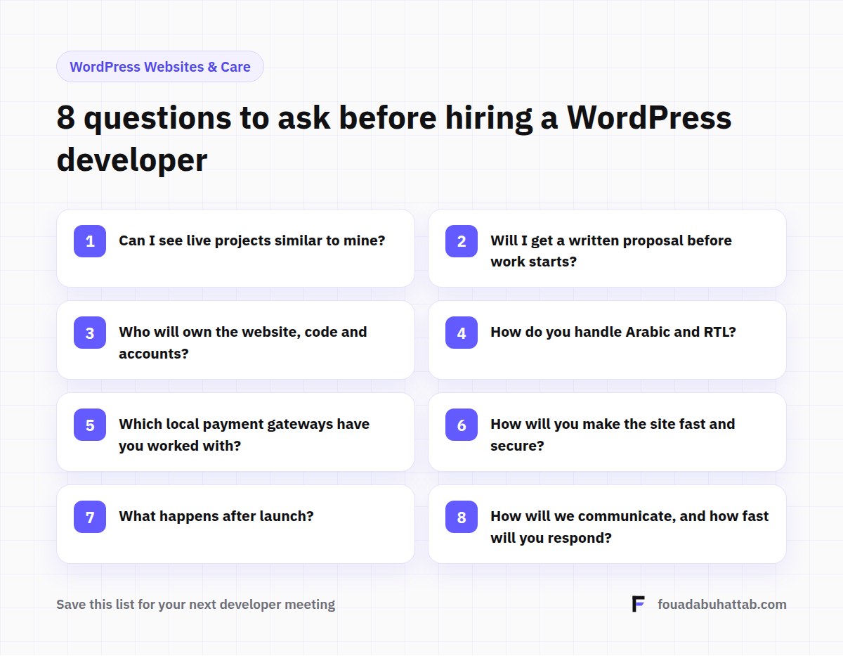 How to Hire a WordPress Developer in Saudi Arabia: 8 Questions to Ask Before You Sign 1 Checklist of 8 questions to ask before hiring a WordPress developer