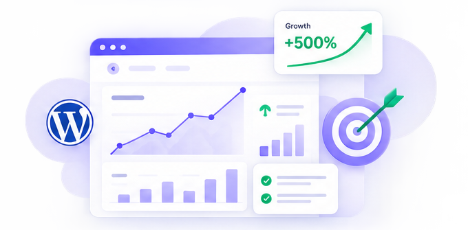 WordPress SEO service illustration of an analytics dashboard showing search growth