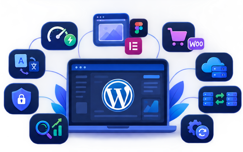 WordPress development services illustration - dark mode